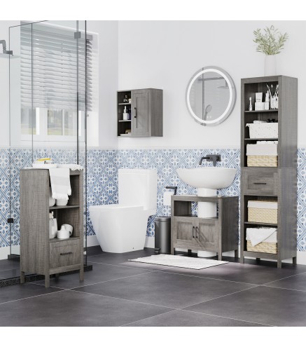 Armario de Baño de Pared con 3 Estantes Abiertos y 1 Puerta Mueble Auxiliar Suspendido Moderno 48x20x50 cm Gris