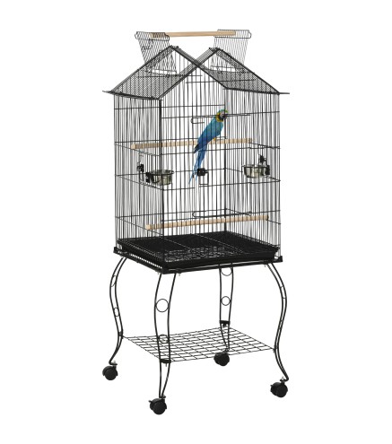 Jaula de Pájaros con Soporte Ruedas Bandeja Extraíble y Comederos para Canarios Periquitos 50x58x137-145 cm Negro