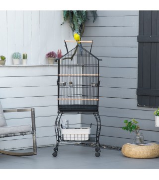 Jaula de Pájaros con Soporte Ruedas Bandeja Extraíble y Comederos para Canarios Periquitos 50x58x137-145 cm Negro
