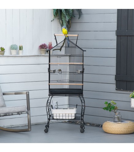 Jaula de Pájaros con Soporte Ruedas Bandeja Extraíble y Comederos para Canarios Periquitos 50x58x137-145 cm Negro