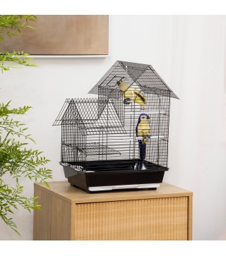 Jaula para Pájaros Pajarera Metálica con 3 Puertas 2 Comederos 2 Perchas para Canarios 39x33x47cm Negro