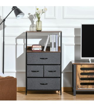 Cajonera de Tela con 4 Cajones Plegables y Estante Abierto Mueble de Oficina Estudio Dormitorio 58x29x103 cm Gris