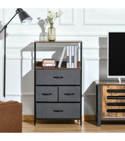 Cajonera de Tela con 4 Cajones Plegables y Estante Abierto Mueble de Oficina Estudio Dormitorio 58x29x103 cm Gris