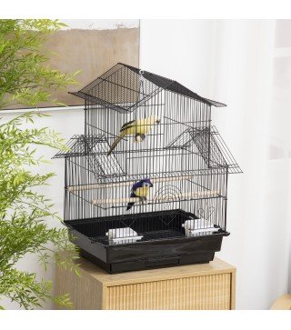 Jaula para Pájaros de Acero Pajarera con Bandeja Extraíble y 2 Comederos Pinzones Periquitos 50,5x41x63 cm Negro