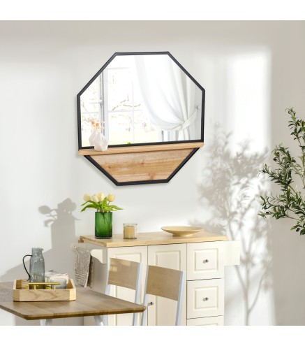 Espejo Decorativo de Pared 61x61 cm Espejo Octágono con Estante para Salón Dormitorio Entrada Negro