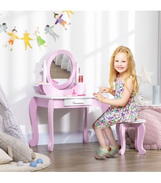 Tocador de Madera Infantil con Taburete y Espejo Centro de Belleza con 1 Cajón para 3-6 Años 65,5x46x93 cm Rosa