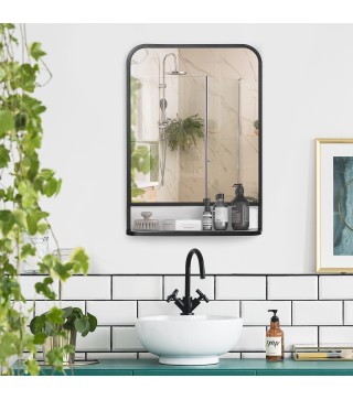 Espejo Decorativo de Pared 50x70 cm Espejo de Metal con Estante para Salón Entrada Estilo Moderno Negro