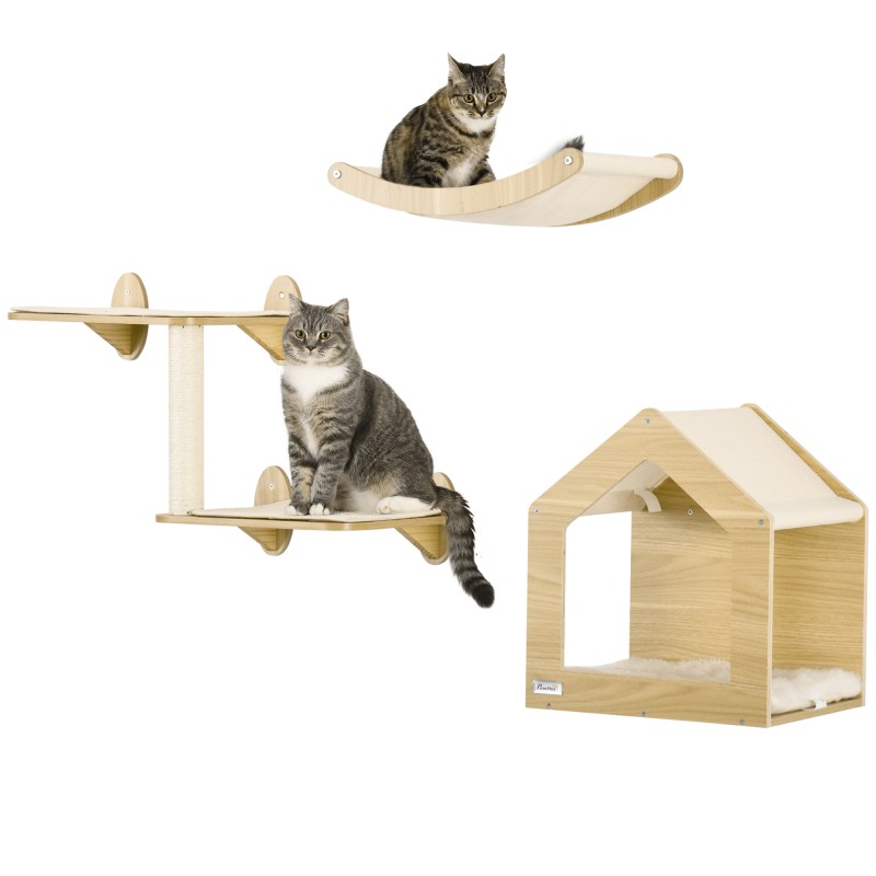 Juego de Escalada para Gatos de 3 Piezas Set de Pared con Estantes Cama Hamaca y Poste de Sisal Color Roble