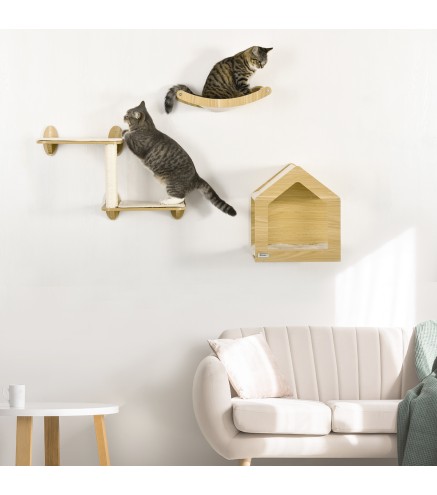 Juego de Escalada para Gatos de 3 Piezas Set de Pared con Estantes Cama Hamaca y Poste de Sisal Color Roble