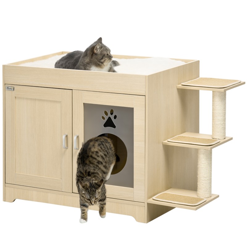 Mueble Arenero para Gatos con Cama Cojín Suave 3 Plataformas y Postes de Sisal 107x54x70 cm Roble