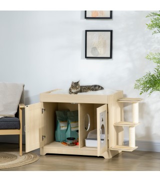 Mueble Arenero para Gatos con Cama Cojín Suave 3 Plataformas y Postes de Sisal 107x54x70 cm Roble