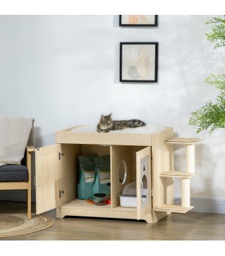 Mueble Arenero para Gatos con Cama Cojín Suave 3 Plataformas y Postes de Sisal 107x54x70 cm Roble