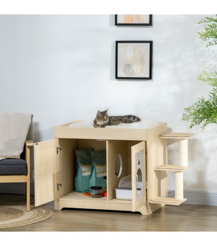 Mueble Arenero para Gatos con Cama Cojín Suave 3 Plataformas y Postes de Sisal 107x54x70 cm Roble