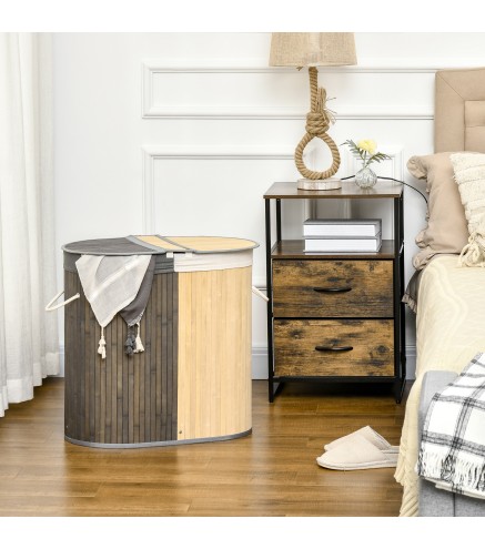 Cesto para Ropa Sucia de Bambú Capacidad de 100L Cesta para la Colada con 2 Compartimentos 62,5x37x60,5 cm Gris