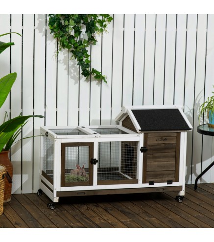 Conejera de Madera con Ruedas para 1-2 Conejos con Techo Abrible Bandeja Extraíble 108x58x73,5 cm Marrón Oscuro