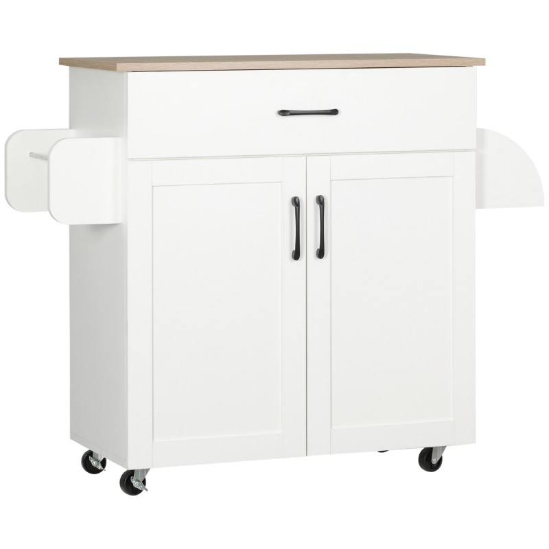 Carro de Cocina con 1 Cajón 2 Puertas Barra de Colgar y Especiero Carrito Auxiliar con Ruedas 105x36x85 cm Blanco