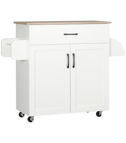 Carro de Cocina con 1 Cajón 2 Puertas Barra de Colgar y Especiero Carrito Auxiliar con Ruedas 105x36x85 cm Blanco