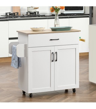 Carro de Cocina con 1 Cajón 2 Puertas Barra de Colgar y Especiero Carrito Auxiliar con Ruedas 105x36x85 cm Blanco