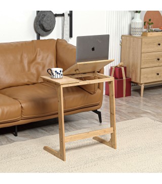 Mesa Auxiliar de Bambú en Forma de C con Encimera Abatible y Ángulo Ajustable 140-180° 60x33x67 cm Natural