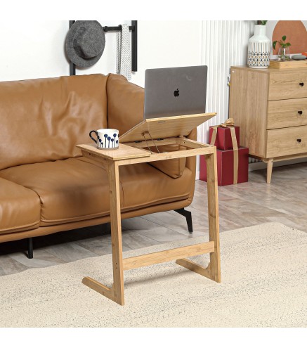 Mesa Auxiliar de Bambú en Forma de C con Encimera Abatible y Ángulo Ajustable 140-180° 60x33x67 cm Natural