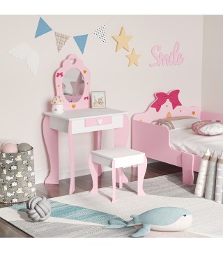 Tocador de Madera Infantil con Taburete y Espejo Centro de Belleza con 1 Cajón para 3-6 Años 50x36,5x89,5cm Rosa