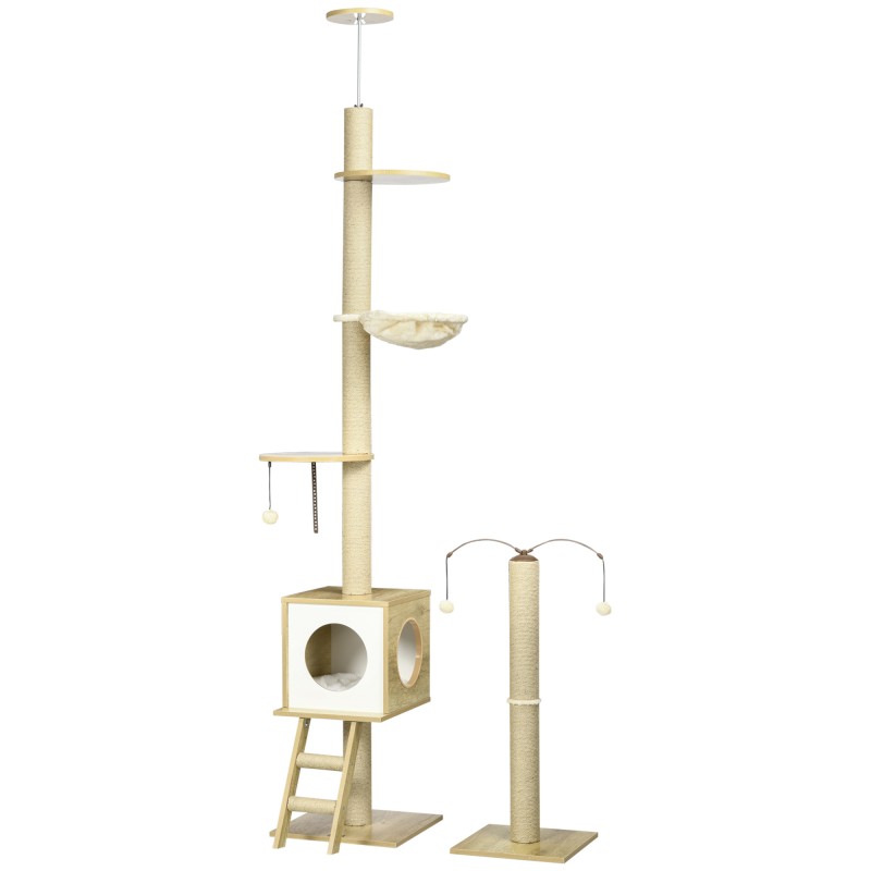 Árbol para Gatos de Suelo a Techo con Altura Ajustable y Juego de Entretenimiento Libre 40x40x225-285 cm Beige