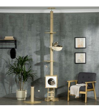 Árbol para Gatos de Suelo a Techo con Altura Ajustable y Juego de Entretenimiento Libre 40x40x225-285 cm Beige