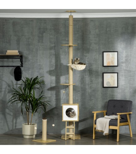 Árbol para Gatos de Suelo a Techo con Altura Ajustable y Juego de Entretenimiento Libre 40x40x225-285 cm Beige