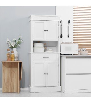 Alacena de Cocina con 4 Puertas 1 Cajón y Estante Abierto Mueble Auxiliar para Microondas 74x39,5x183 cm Blanco