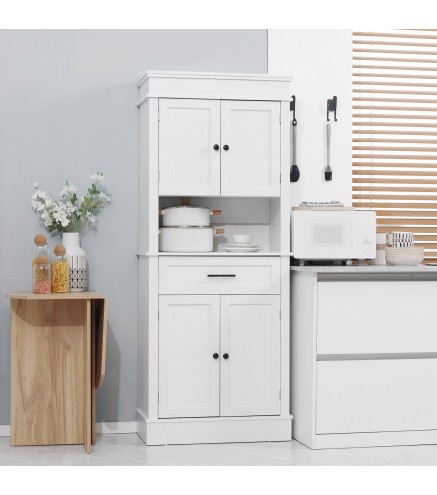 Alacena de Cocina con 4 Puertas 1 Cajón y Estante Abierto Mueble Auxiliar para Microondas 74x39,5x183 cm Blanco
