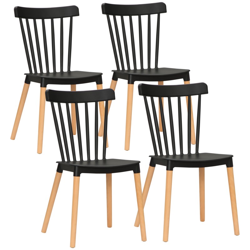 Juego de 4 Sillas de Comedor Estilo Nórdico con Respaldo de Polipropileno y Patas de Madera 48x52,5x83 cm Negro