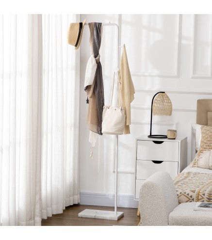 Perchero de Pie con Base de Mármol Barra y 2 Ganchos de Metal para Dormitorio Pasillo 35x25x170 cm Blanco