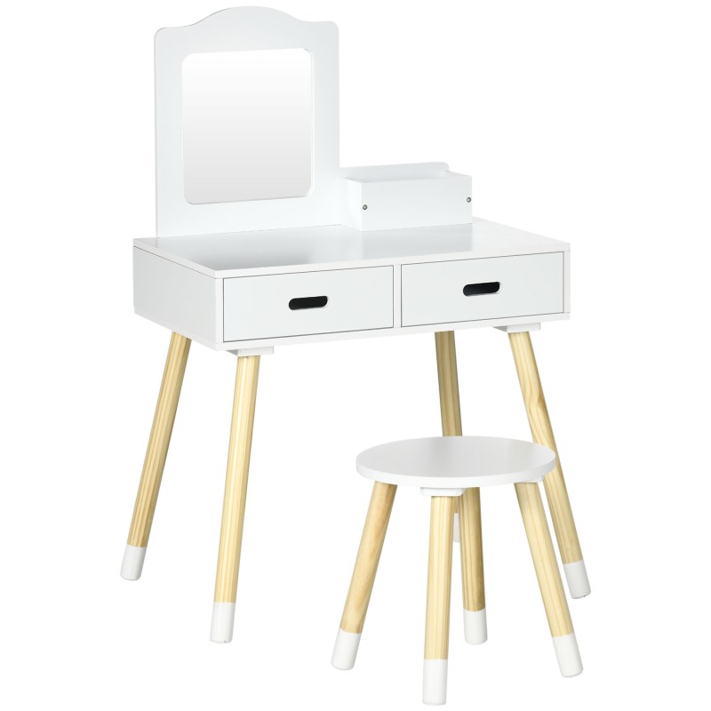 Tocador de Madera Infantil con Taburete y Espejo Centro de Belleza con 2 Cajones para 3-6 Años 60x40x95cm Blanco Tocador de Madera Infantil con Taburete y Espejo Centro de Belleza con 2 Cajones para 3-6 Años 60x40x95cm Blanco