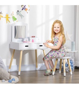 Tocador de Madera Infantil con Taburete y Espejo Centro de Belleza con 2 Cajones para 3-6 Años 60x40x95cm Blanco