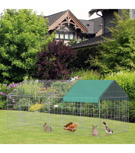 Jaula Recinto para Animales Pequeños con 2 Puertas y Toldo para Exterior Jardín Patio 220x103x103cm Plata y Verde