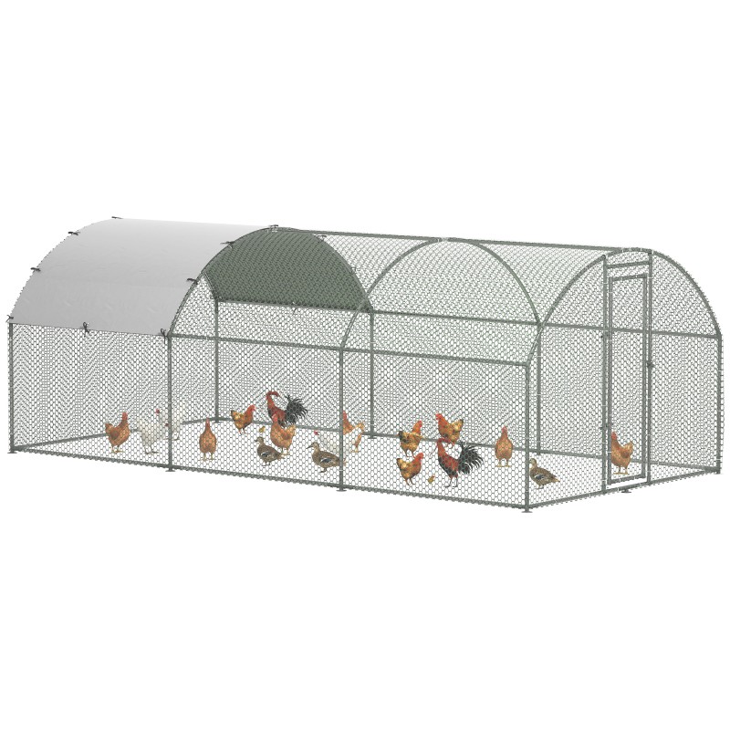 Gallinero de Exterior Grande para 12-18 Gallinas de Acero Galvanizado y Techo de Tela Oxford 5,7x2,8x1,97 m Plata