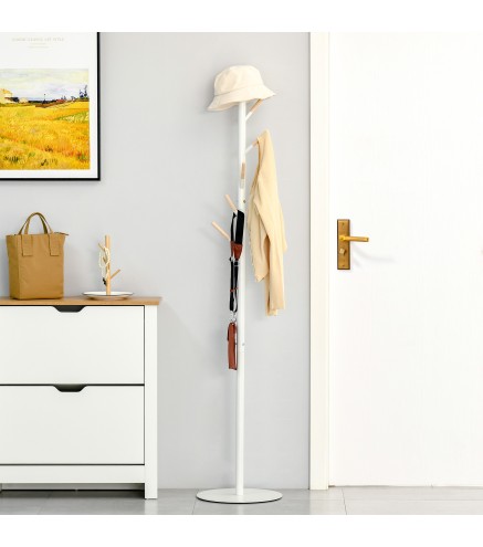 Perchero de Pie de Madera con 6 Ganchos para Ropas Bolsos para Salón Entrada Dormitorio 35x35x174 cm Blanco