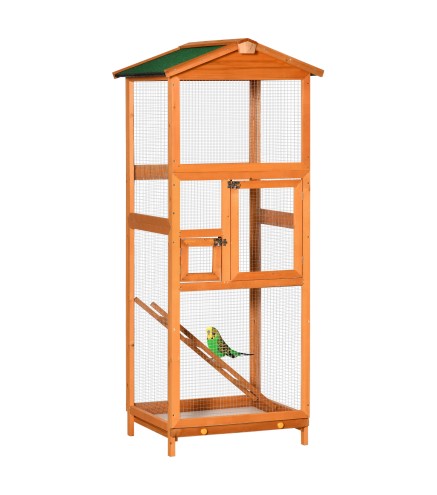Jaula para Pájaros Grande de Madera de Abeto con 2 Puertas Bandeja Extraíble y Techo Asfáltico 68x63x165cm Madera
