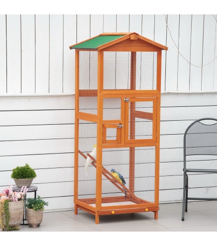 Jaula para Pájaros Grande de Madera de Abeto con 2 Puertas Bandeja Extraíble y Techo Asfáltico 68x63x165cm Madera