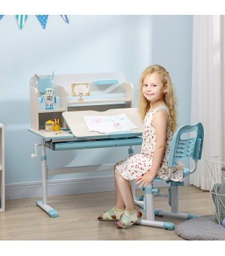 Escritorio y Silla para +3 Años con Altura Ajustable y Mesa Inclinable 80x52x88-109 cm y 35,5x44,5x66-80 cm Azul