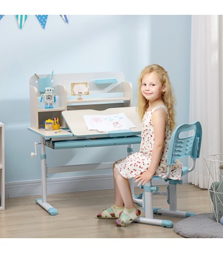 Escritorio y Silla para +3 Años con Altura Ajustable y Mesa Inclinable 80x52x88-109 cm y 35,5x44,5x66-80 cm Azul