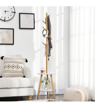 2 en 1 Perchero de Pie de Bambú con 2 Estantes 5 Ganchos para Ropa Bolsos para Entrada 39,5x39,5x171 cm Natural