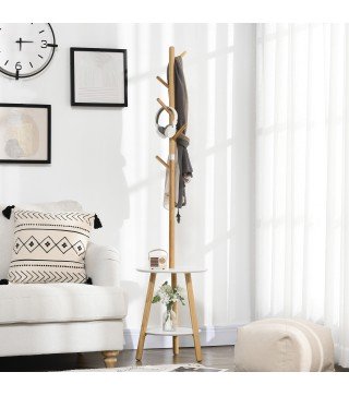 2 en 1 Perchero de Pie de Bambú con 2 Estantes 5 Ganchos para Ropa Bolsos para Entrada 39,5x39,5x171 cm Natural