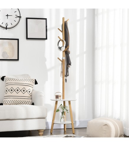 2 en 1 Perchero de Pie de Bambú con 2 Estantes 5 Ganchos para Ropa Bolsos para Entrada 39,5x39,5x171 cm Natural