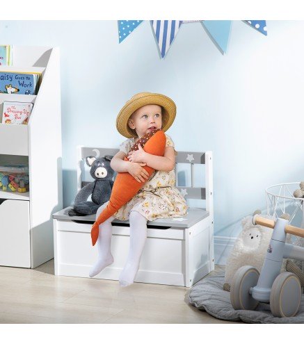 2 en 1 Banco Infantil con Baúl de Almacenamiento para Niños de +18 Meses Carga 50 kg 60x30x50 cm Gris y Blanco
