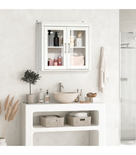 Armario de Baño de Pared con Puertas de Vidrio y Estante Ajustable Mueble Colgante Moderno 60x19,5x54 cm Blanco