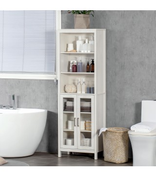 Columna de Baño con 2 Puertas de Vidrio y 3 Estantes Mueble Auxiliar de Estilo Moderno 53x30x162 cm Blanco