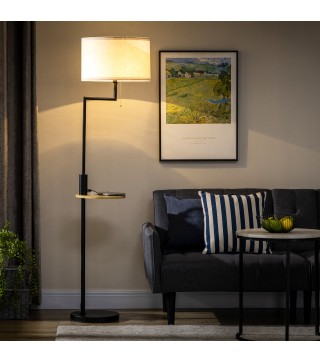 Lámpara de Pie con Mesita Auxiliar y Pantalla de Lino Interruptor de Cadena y Cargador USB Ø40x170 cm Natural