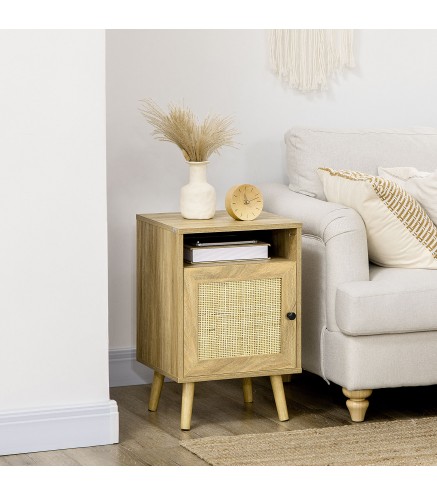 Mesita de Noche con Puerta de Rejilla Mesita Auxiliar para Dormitorio Salón Cama 39x35x60 cm Madera Natural