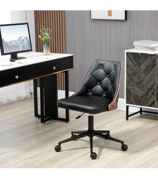 Silla de Oficina con Altura Ajustable y Basculante para Dormitorio Oficina 53x62x77-87 cm Negro y Madera